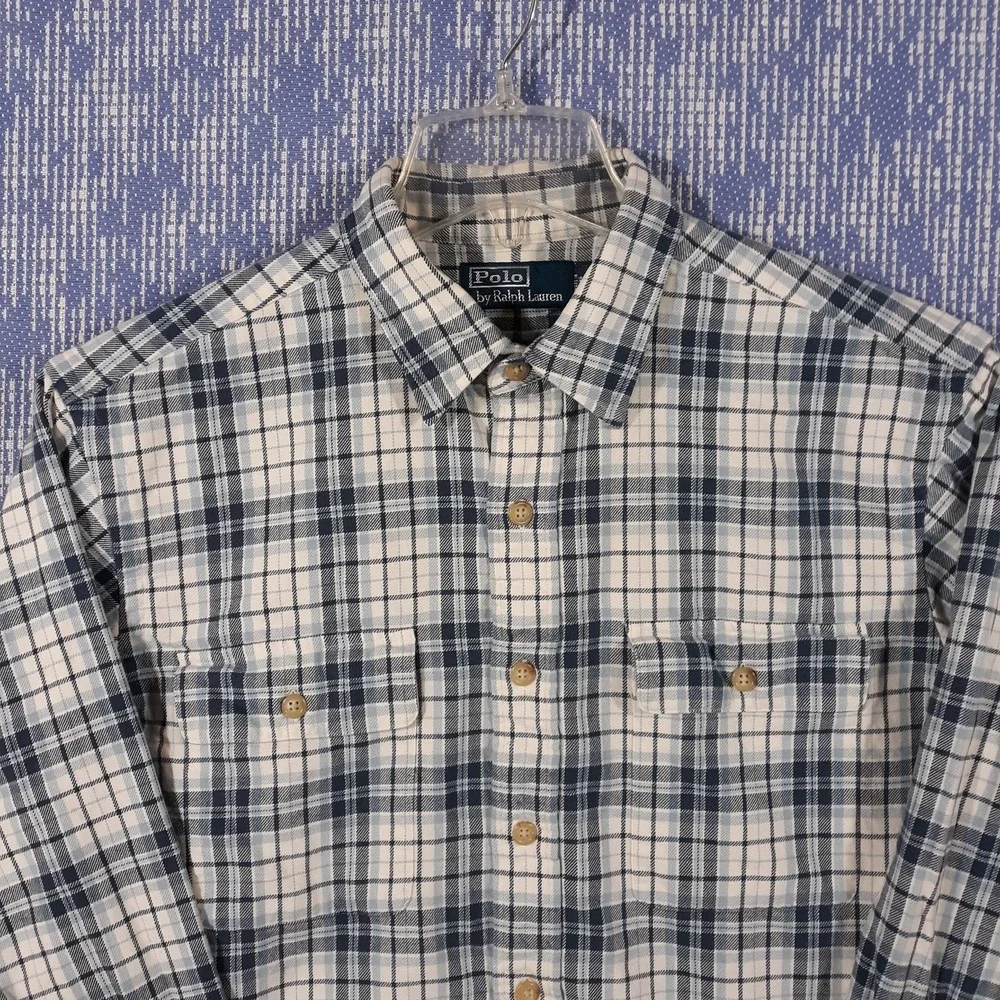 Polo Ralph Lauren Shirt Mens Medium Flannel Pockets Cotton White Blue